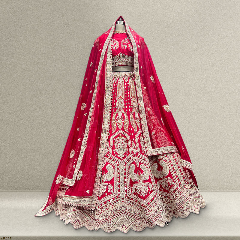 Dulhan in Rani Pink Lehenga : Peacock Design Double Dupatta Bridal Lehenga - JMS Studio