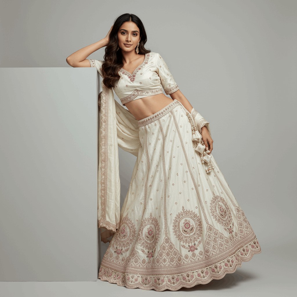 Cherry Blossom - Modern Minimal Boota Pattern Silk Handwork Lehenga