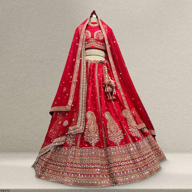 Sangria : Cutdana Pearls Handwork Royal Red Bridal Lehenga