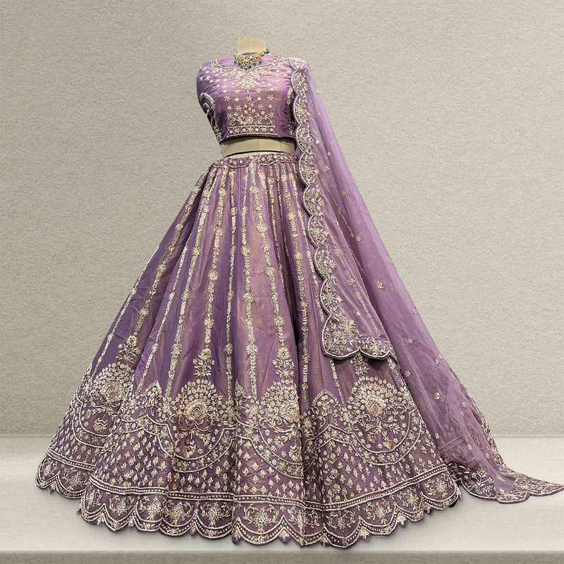 Amrapali - Tissue Silk Zardosi Handwork Lavender Royal Look Designer Lehenga