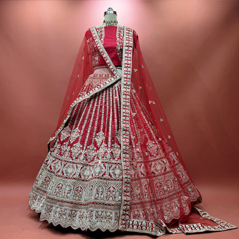 Amrapali - Maroon Raw Silk Zari, Mirror & Moti Handwork Bridal Lehenga with Double Dupatta