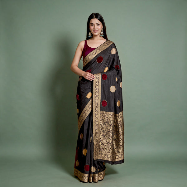 Black Katan Silk Designer Saree with Woven Velvet Polka Dots & Zari Border