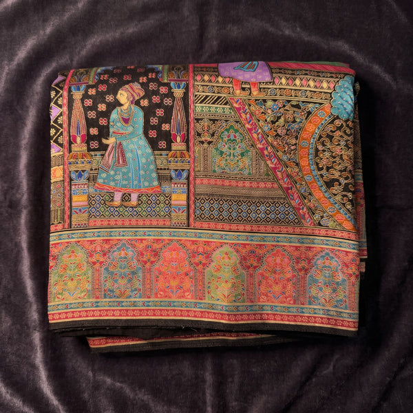 Black Dola Silk Position Print Saree with Mughal Figures, Peacocks & Arch Border