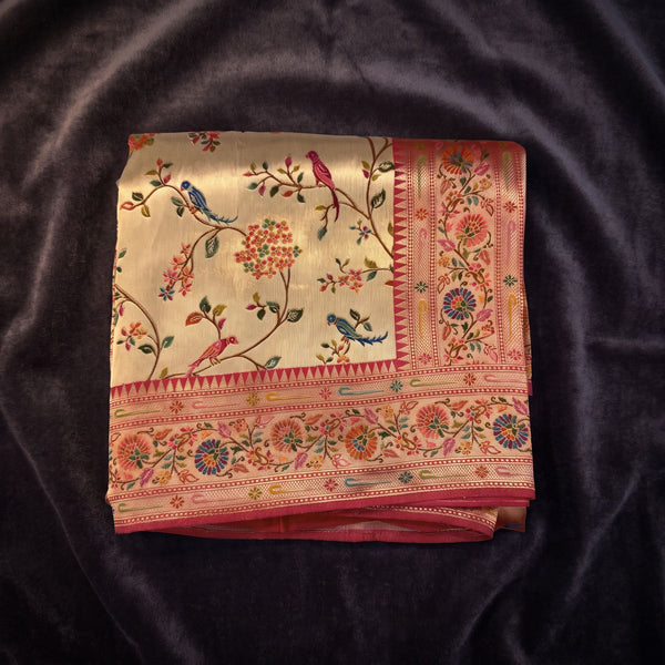 Cream Pure Viscose Position Print Saree with Flowering Tree, Birds & Pink Floral Border