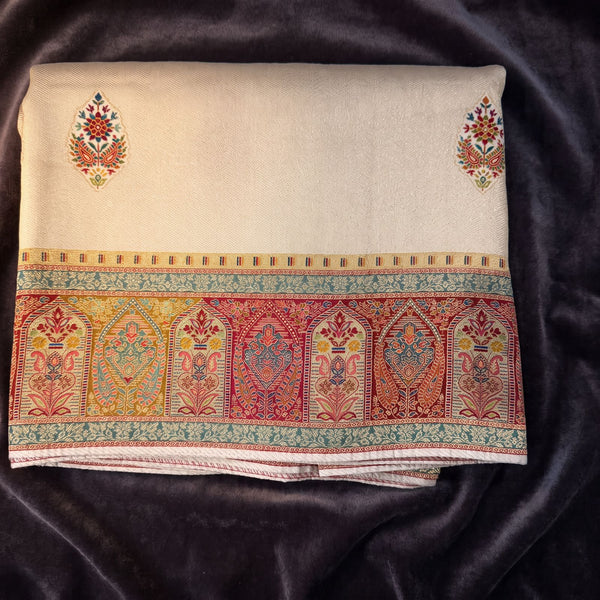 Cream Dola Silk Position Print Saree with Floral Butas & Red Kani Arch Border