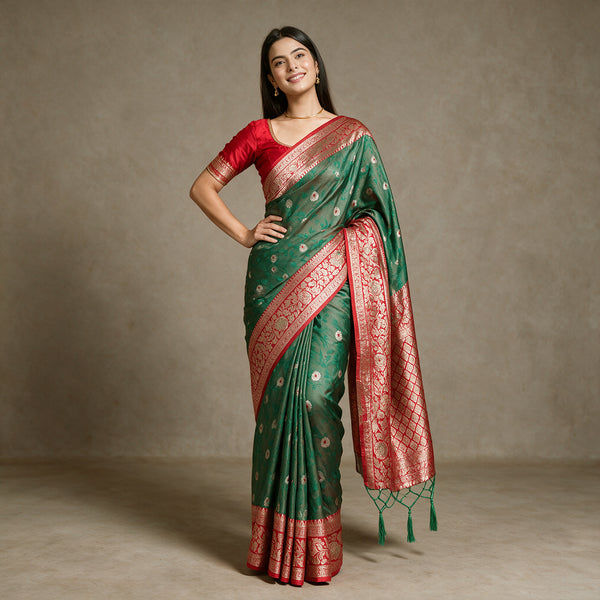 Green Banarasi Art Silk Gifting Saree with Floral Jaal, Zari Butis & Red Border
