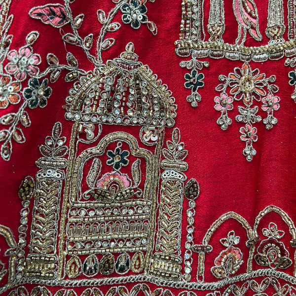 Amrapali - Figure Pattern Handwork Raw Silk Royal Red Bridal Lehenga