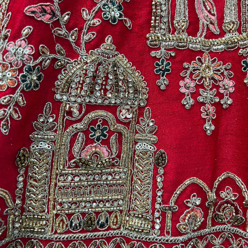 Amrapali - Figure Pattern Handwork Raw Silk Royal Red Bridal Lehenga