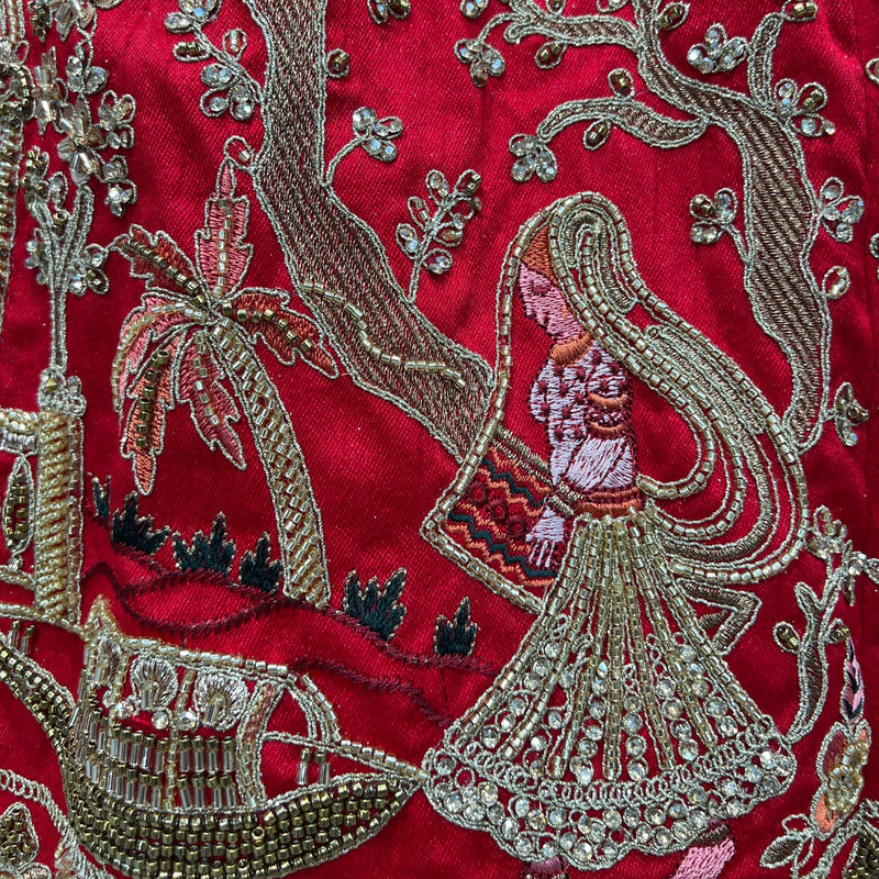 Amrapali - Figure Pattern Handwork Raw Silk Royal Red Bridal Lehenga