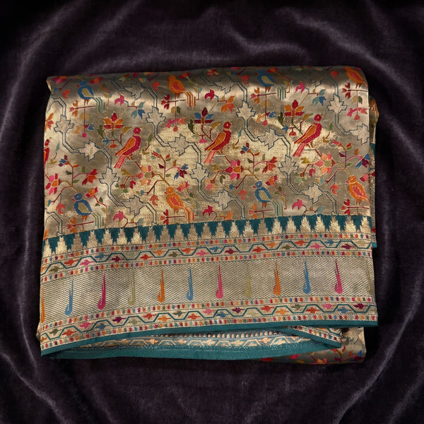 Sage Green Pure Viscose Position Print Saree with Parrot Jaal & Teal Temple Border
