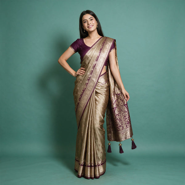 Satin Gifting Saree with Zari Butis & Contrast Scallop Border