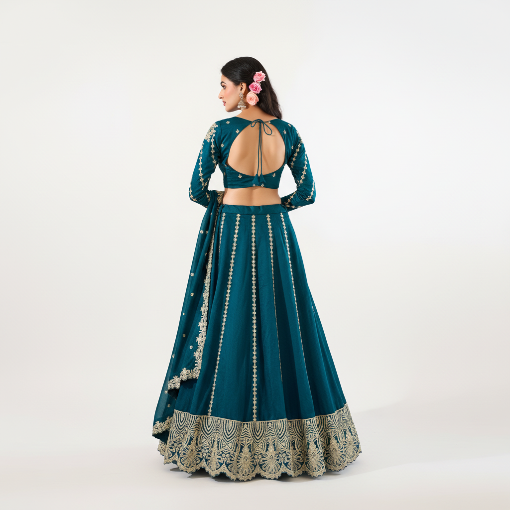 Doli - Vichitra Silk Sequins and Thread Embroidery Work Ferozi Lehenga Choli Set