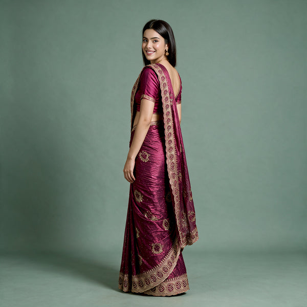 Wine Tissue Gifting Saree with Zari & Stone Work Border