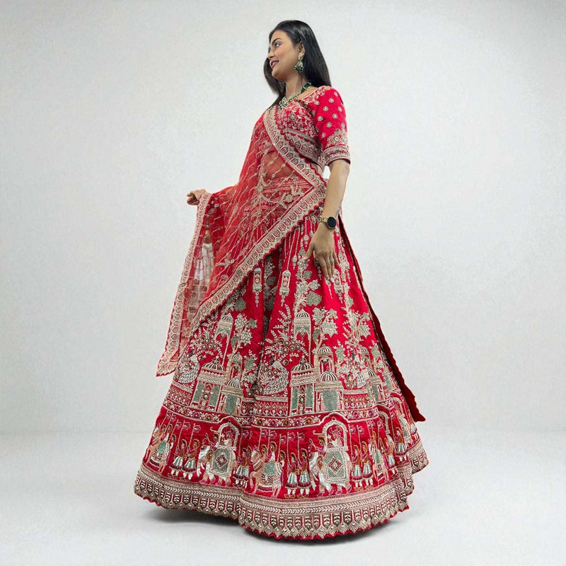 Amrapali - Doli Baraat Handwork Raw Silk Royal Red Bridal Lehenga
