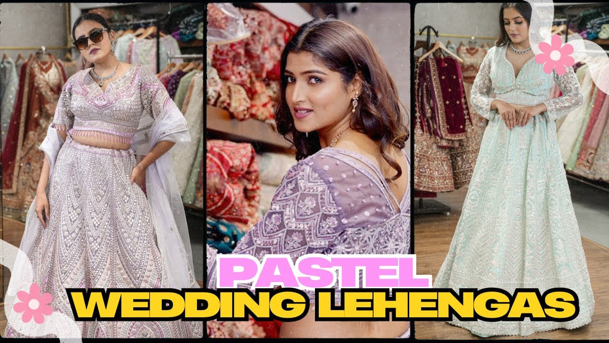 Behind the scenes of pastel wedding lehengas showcased by a model at JMS Studio