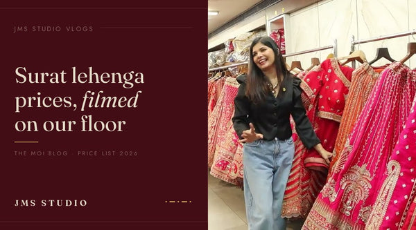 Jyoti of The Moi Blog among bridal lehengas at JMS Studio, Surat