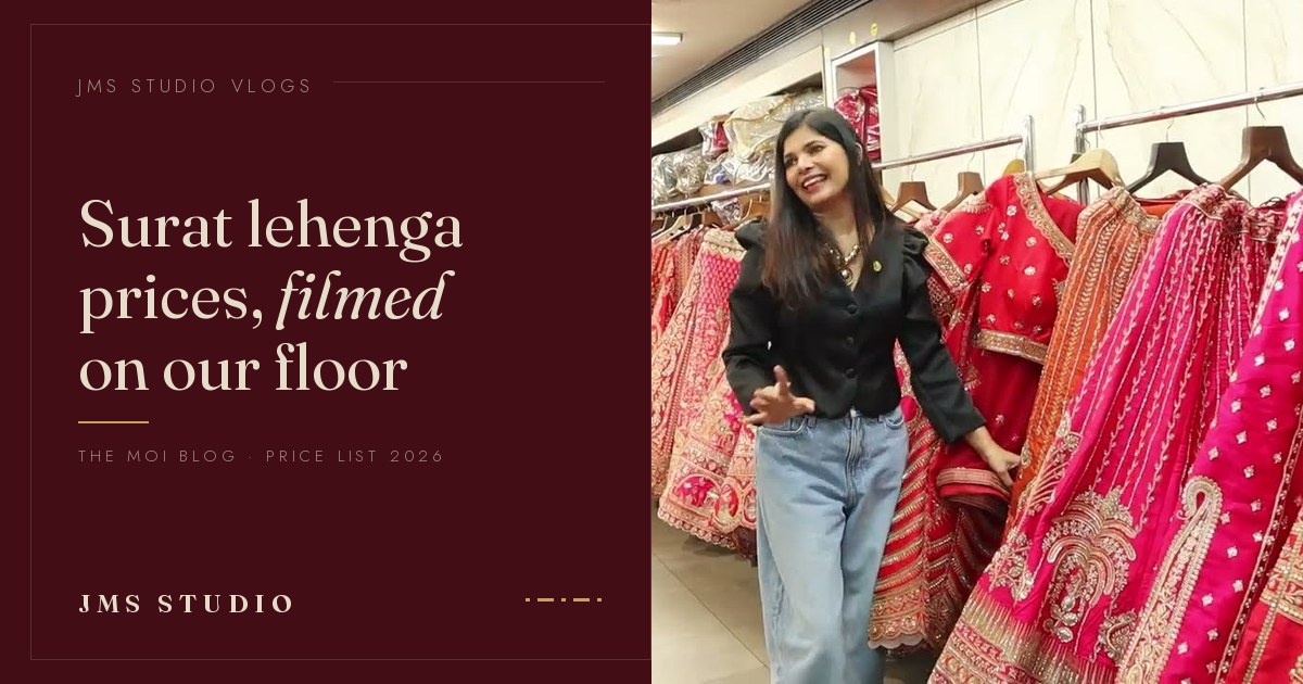 Jyoti of The Moi Blog among bridal lehengas at JMS Studio, Surat