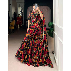 Butterfly - Chiffon Floral Print Flared Lightweight Lehenga Choli Black