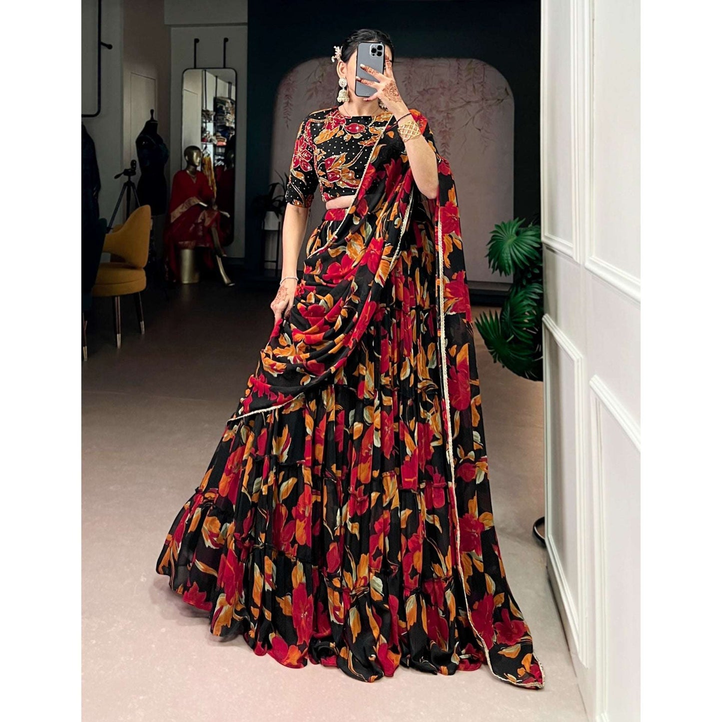 Butterfly - Chiffon Floral Print Flared Lightweight Lehenga Choli Black