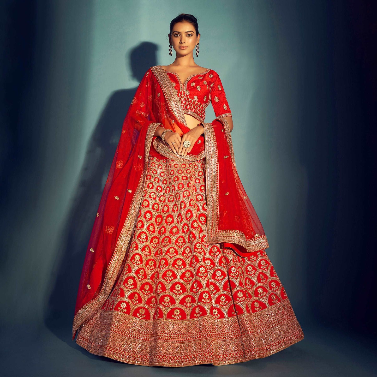 Dulhan in Red Lehenga Elegance: Sabyasachi-Inspired Royal Baggi Collection JMS Studio {{ Royal Red Bridal Lehenga}}