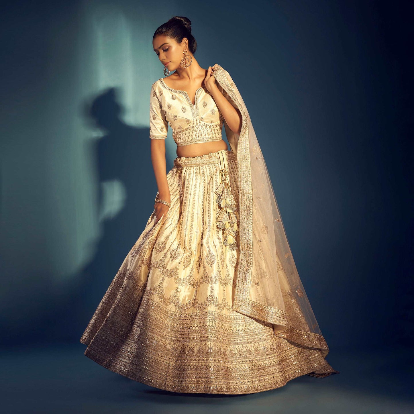 Dulhan in Ivory Lehenga Elegance: Sabyasachi-Inspired Royal Baggi Collection JMS Studio {{ Royal Red Bridal Lehenga}}