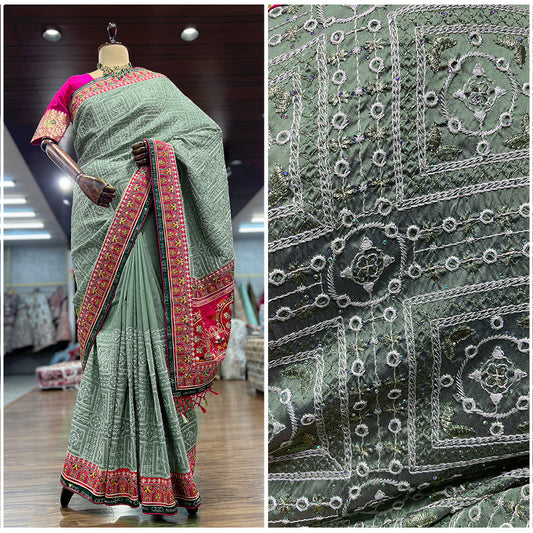 JMS_Studio Gharchola Series Sea Green Resham Work Wedding Saree - JMS Studio