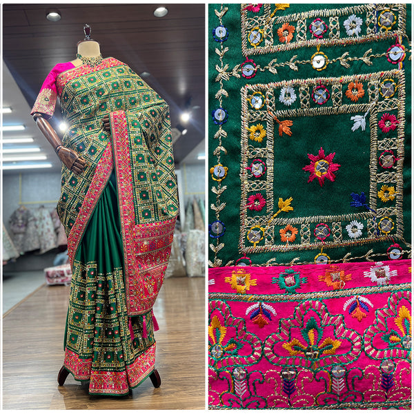 JMS_Studio Gharchola Series Green Pink Resham Work Wedding Saree - JMS Studio