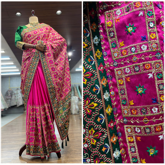 JMS_Studio Gharchola Series Pink Green Resham Work Wedding Saree - JMS Studio