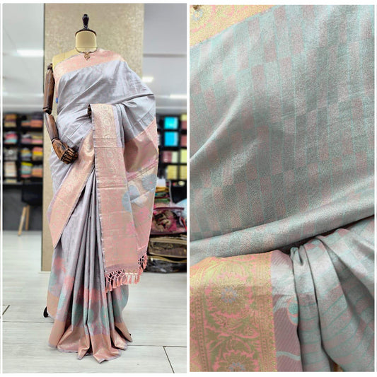 JMS Studio Woven Silver Kanjivaram Style Saree with Pink Border