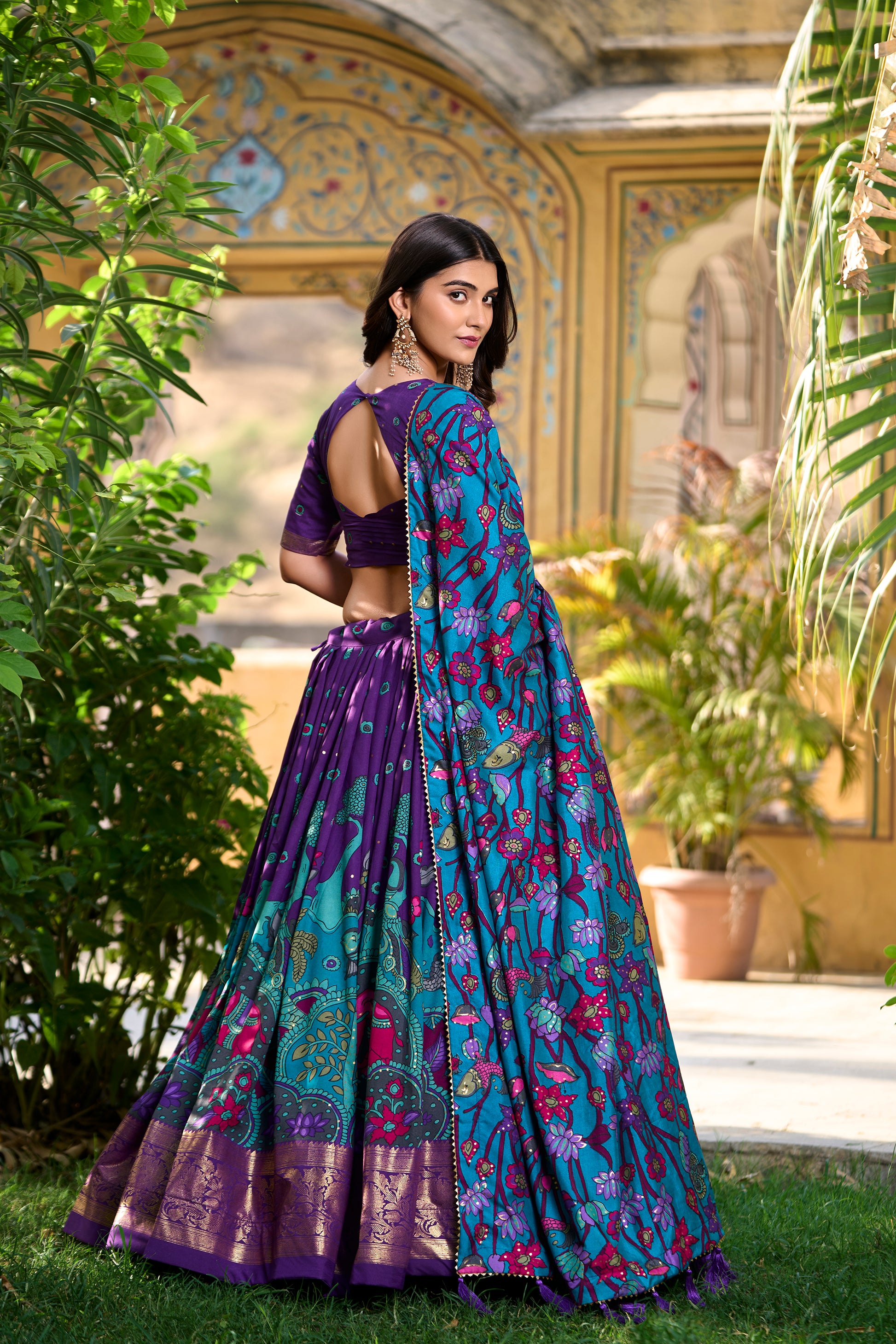 Doli - Kalamkari Print with Foil Work Border Purple Lehenga Choli Set - JMS Studio