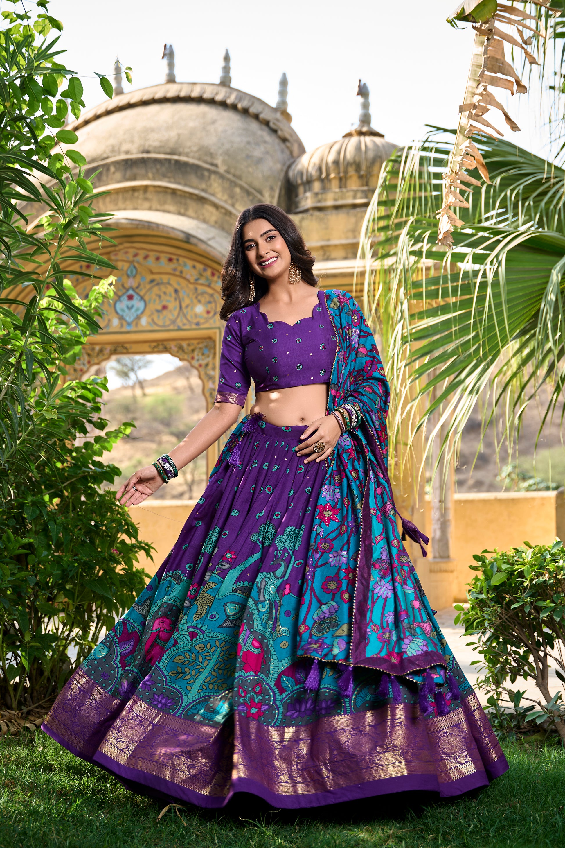 Doli - Kalamkari Print with Foil Work Border Purple Lehenga Choli Set - JMS Studio