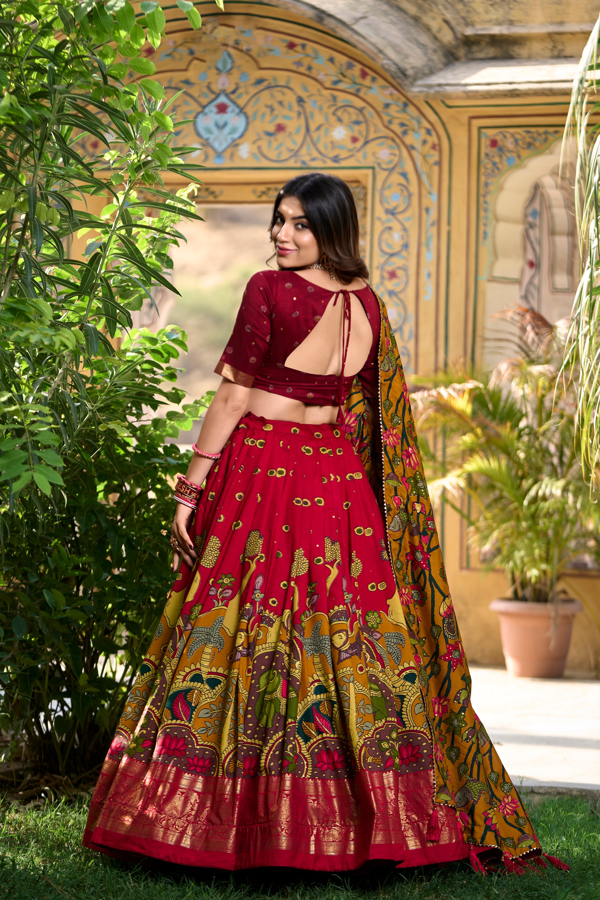 Doli - Kalamkari Print with Foil Work Border Red Lehenga Choli Set - JMS Studio