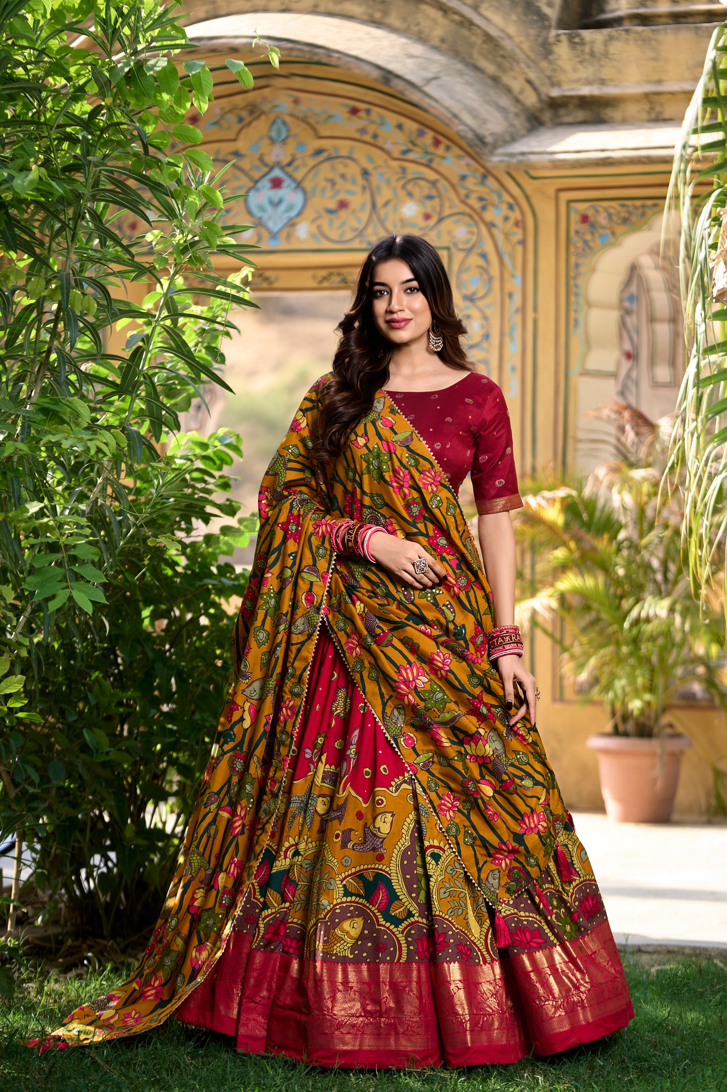 Doli - Kalamkari Print with Foil Work Border Red Lehenga Choli Set - JMS Studio
