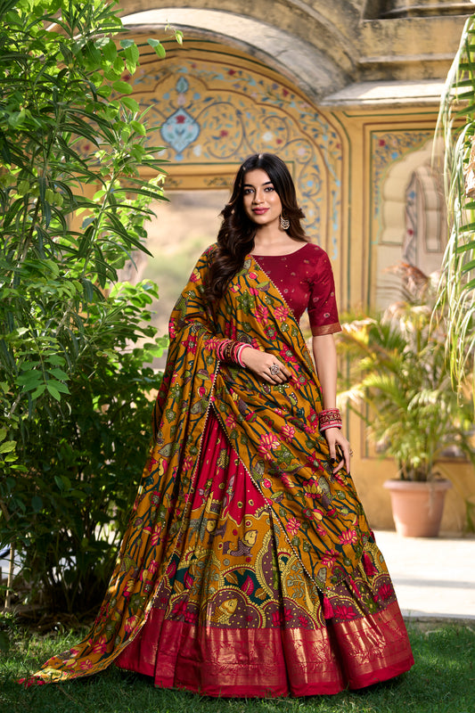 Doli - Kalamkari Print with Foil Work Border Red Lehenga Choli Set - JMS Studio