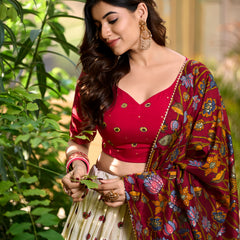 Doli - Kalamkari Print with Foil Work Border White Lehenga Choli Set - JMS Studio