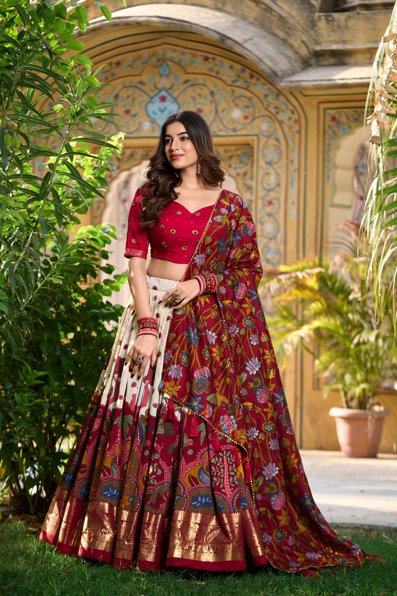 Doli - Kalamkari Print with Foil Work Border White Lehenga Choli Set - JMS Studio