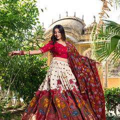 Doli - Kalamkari Print with Foil Work Border White Lehenga Choli Set - JMS Studio