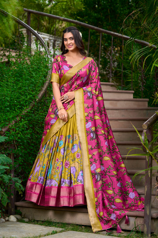 Doli - Kalamkari Dola Silk Charm Yellow Pink Lehenga Choli Set