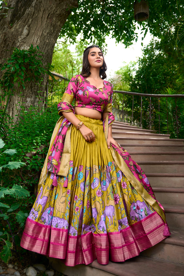 Doli - Kalamkari Dola Silk Charm Yellow Pink Lehenga Choli Set - JMS Studio