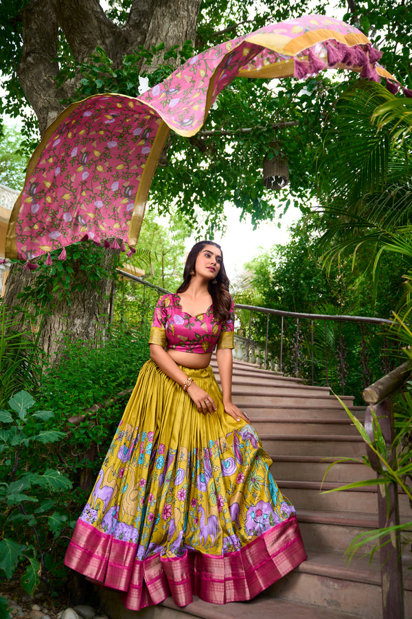 Doli - Kalamkari Dola Silk Charm Yellow Pink Lehenga Choli Set - JMS Studio