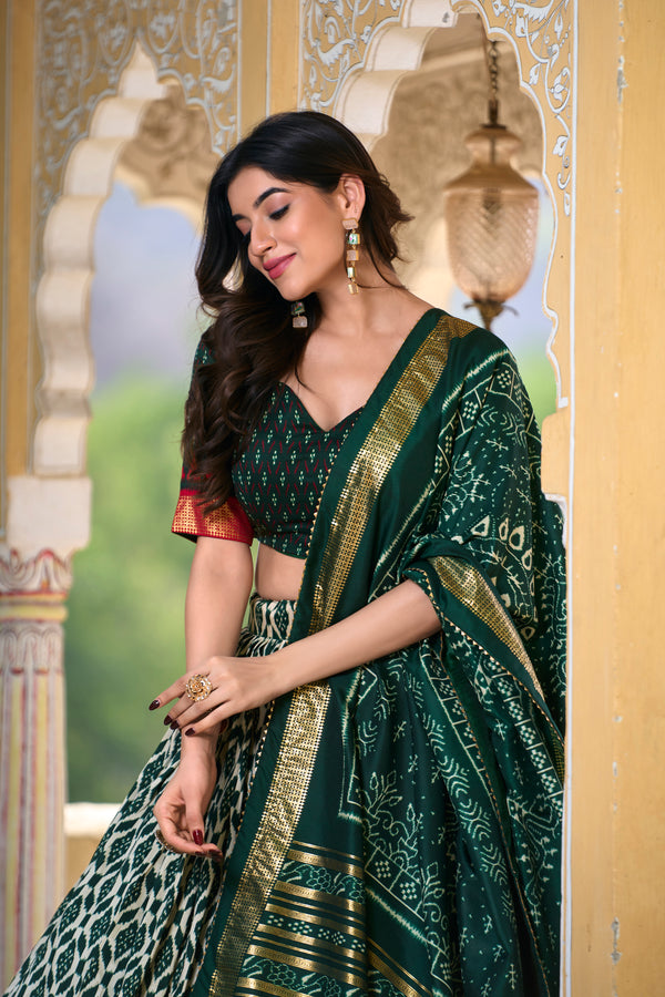 Doli - Tussar Silk Ikkat Print with Foil Work Green Lehenga Choli Set - JMS Studio