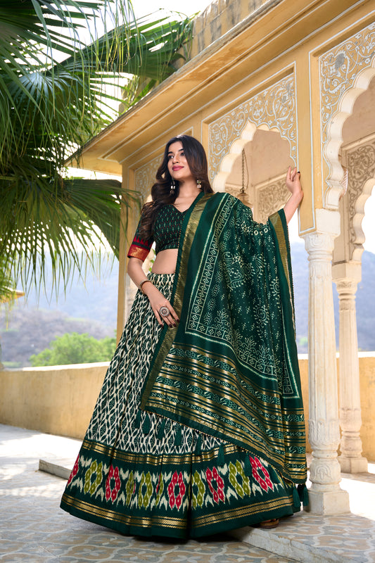 Doli - Tussar Silk Ikkat Print with Foil Work Green Lehenga Choli Set - JMS Studio