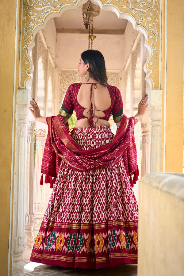 Doli - Tussar Silk Ikkat Print with Foil Work Maroon Lehenga Choli Set - JMS Studio