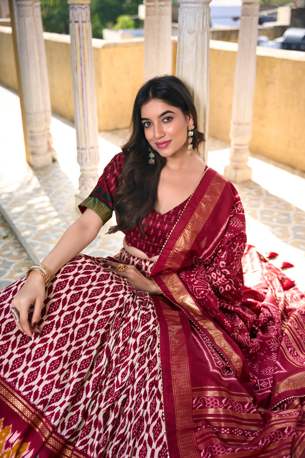 Doli - Tussar Silk Ikkat Print with Foil Work Maroon Lehenga Choli Set - JMS Studio