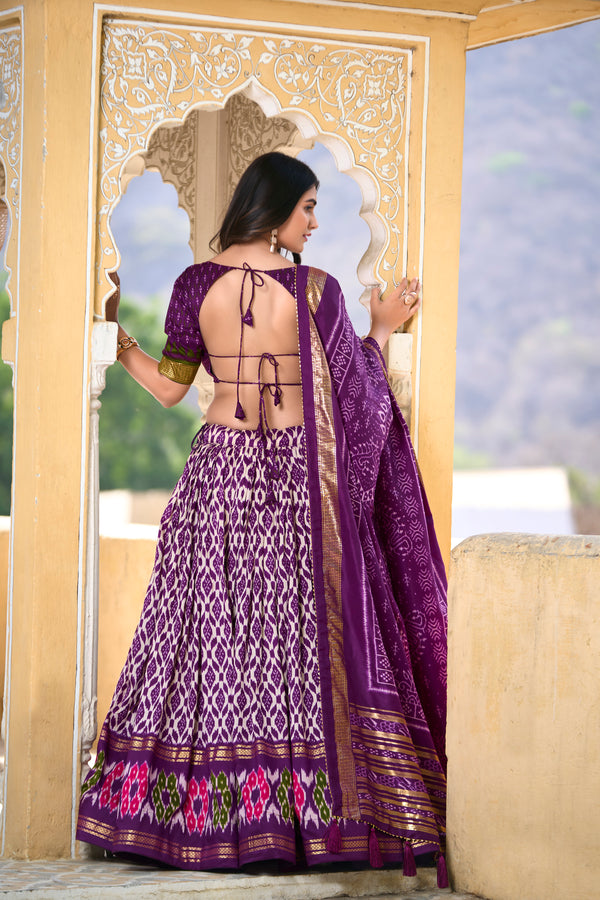 Doli - Tussar Silk Ikkat Print with Foil Work Purple Lehenga Choli Set - JMS Studio