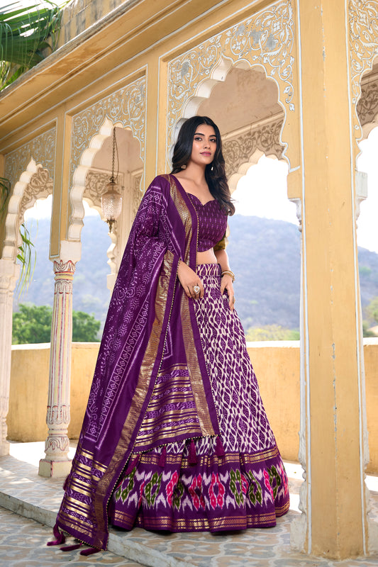 Doli - Tussar Silk Ikkat Print with Foil Work Purple Lehenga Choli Set - JMS Studio