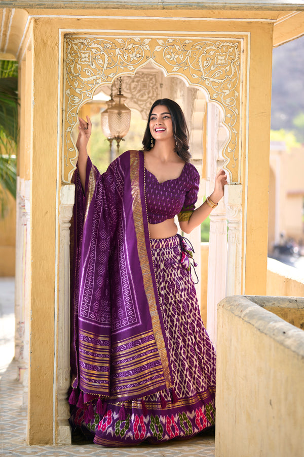 Doli - Tussar Silk Ikkat Print with Foil Work Purple Lehenga Choli Set - JMS Studio