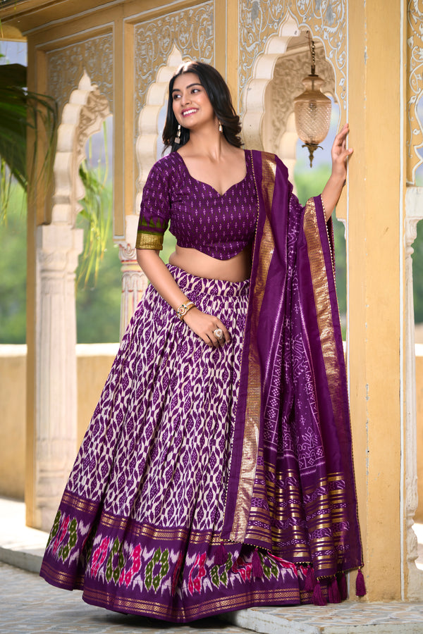 Doli - Tussar Silk Ikkat Print with Foil Work Purple Lehenga Choli Set - JMS Studio