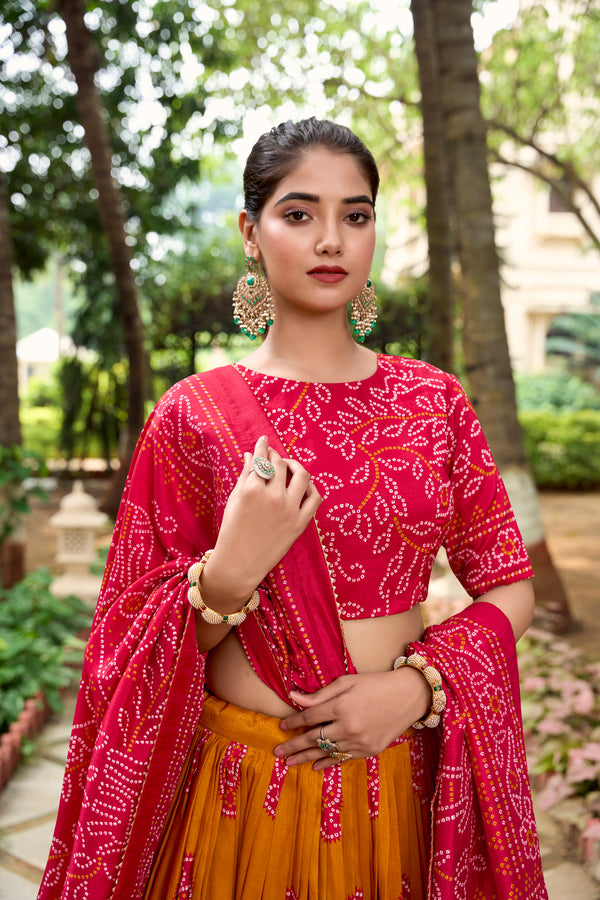 Doli - Tussar Silk Bandhej Print Mustard Lehenga Choli Set - JMS Studio