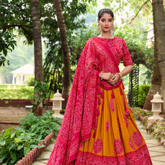 Doli - Tussar Silk Bandhej Print Mustard Lehenga Choli Set - JMS Studio